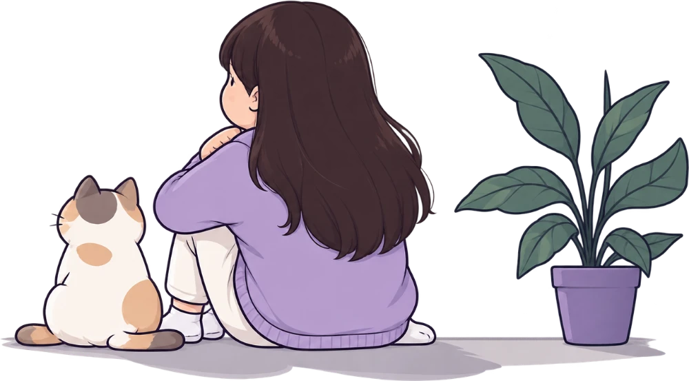 A young woman sitting quietly beside her cat and a houseplant